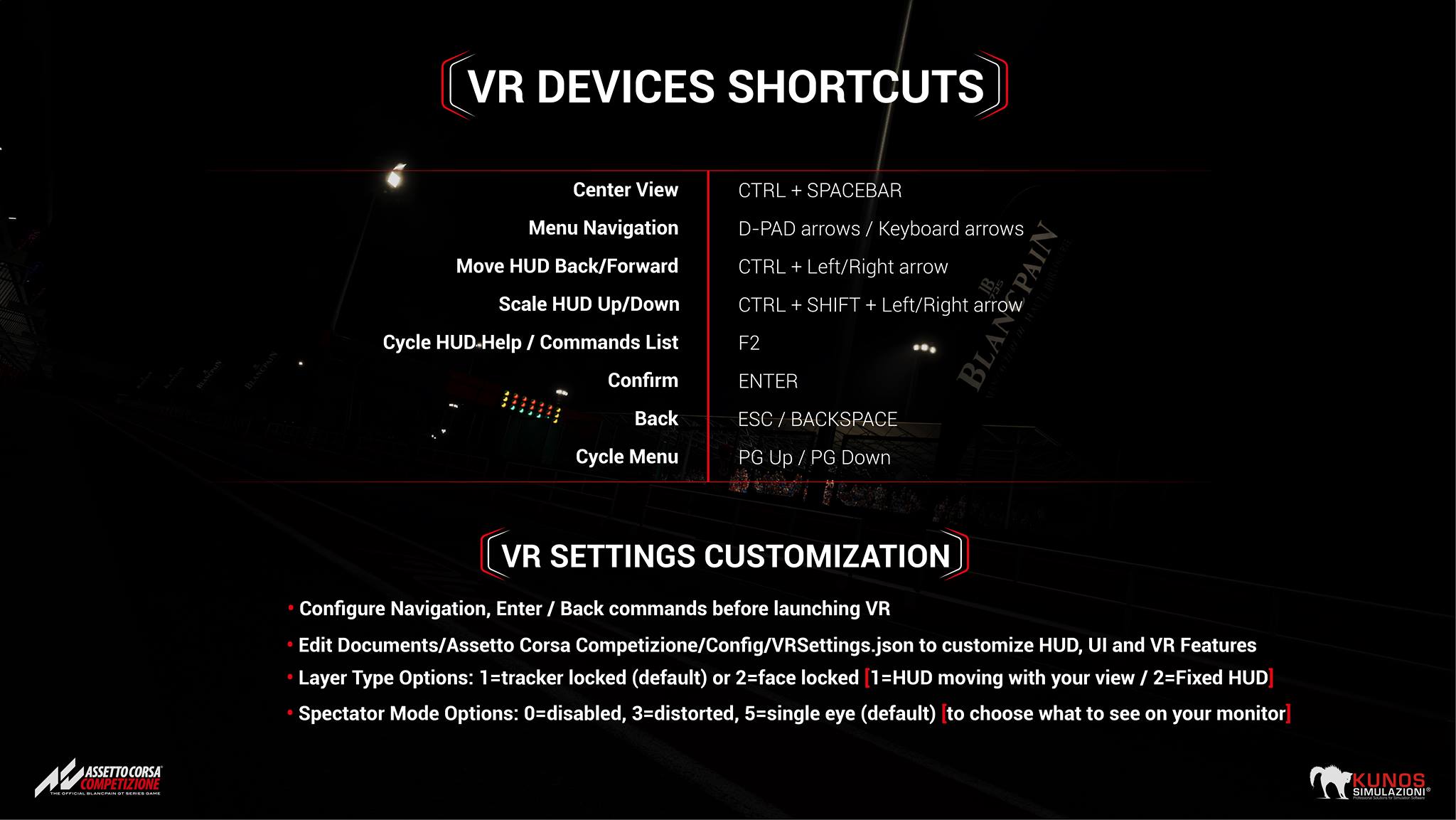 Assetto Corsa Competizione VR Shortcuts