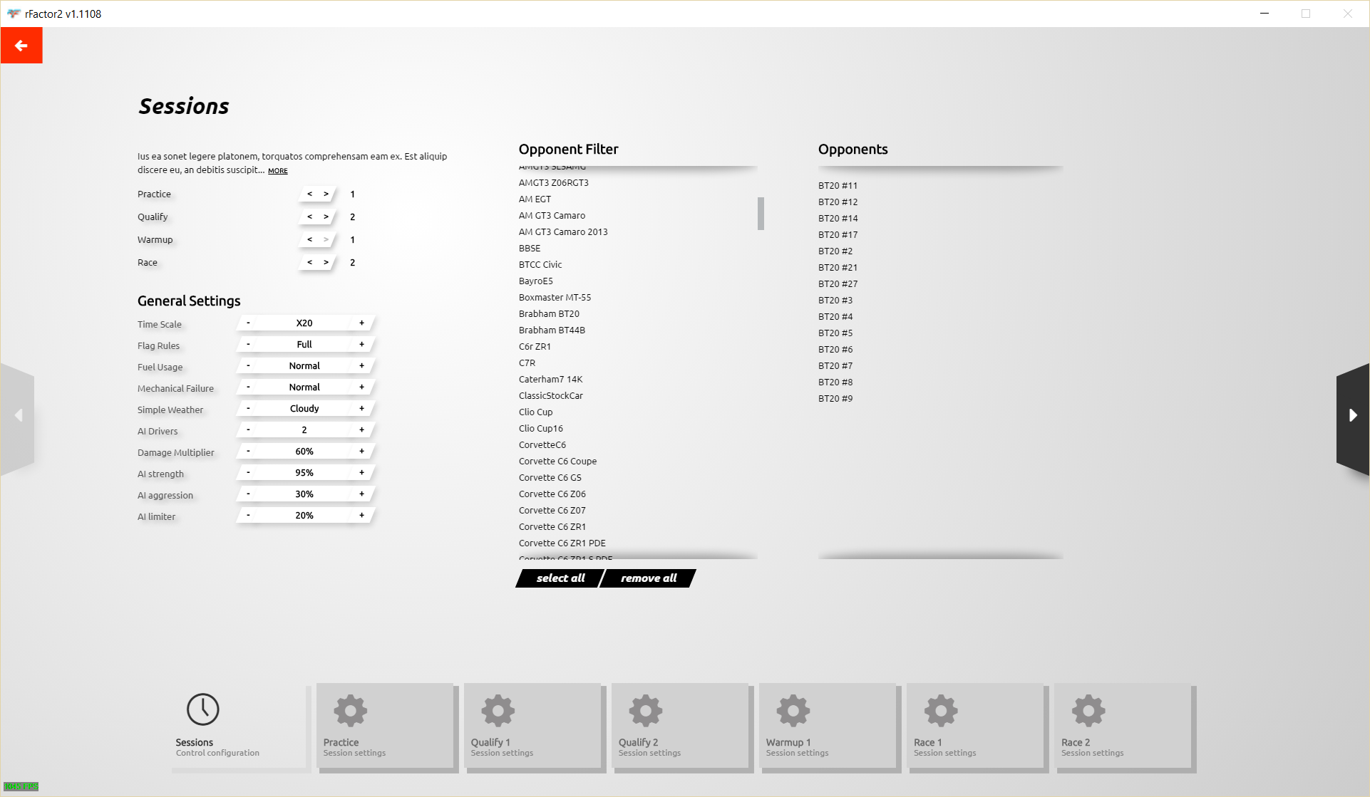 rFactor 2 new UI in-game session settings screen preview